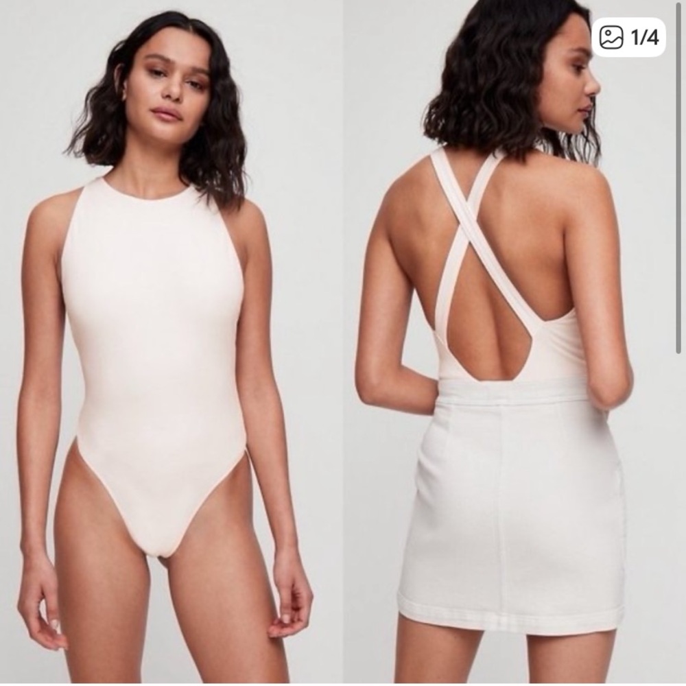 Aritzia Wilfred White High neck Cross Back Bodysuit